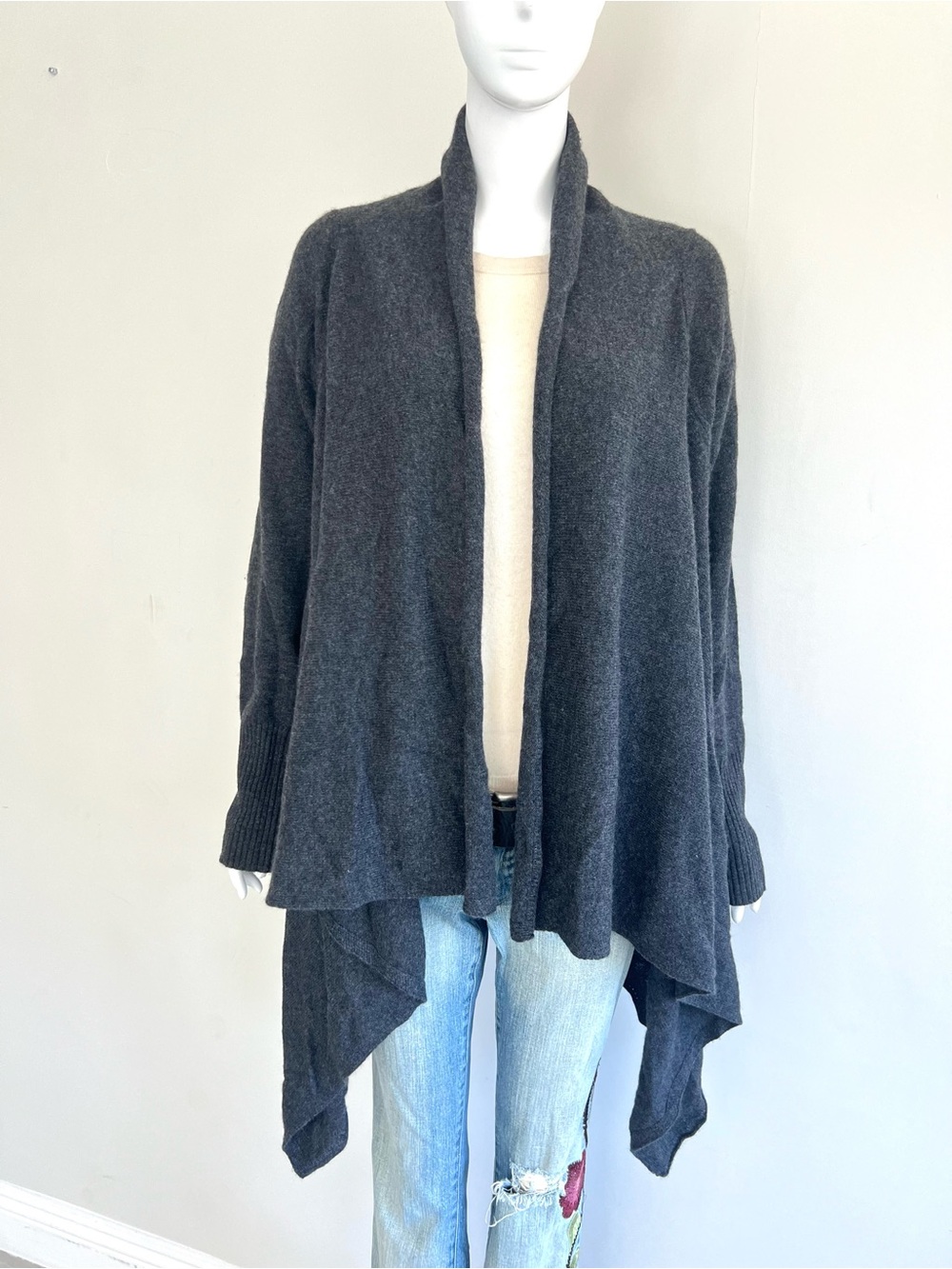 C by Bloomingdale’s 100% 2-Ply Cashmere Draped Cardigan XL Gray Asymmetrical